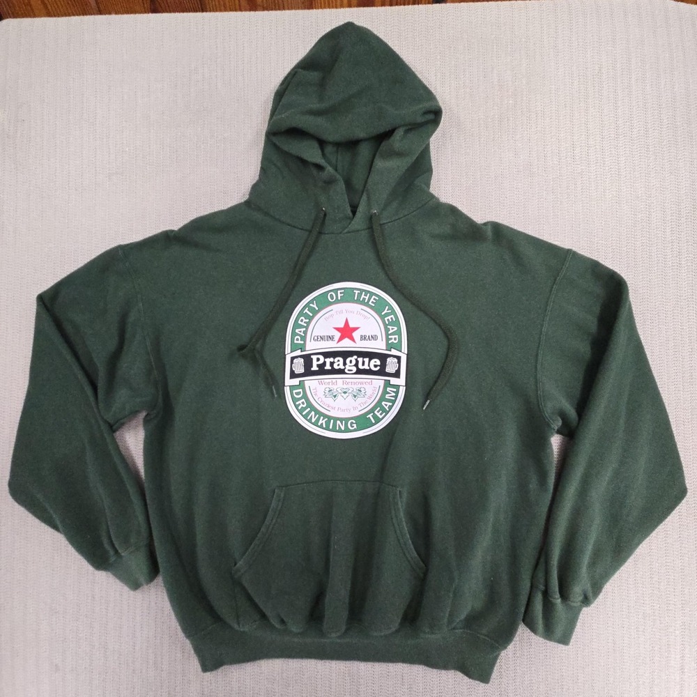 Fruit Of The Loom Hoodie Mens XL Green Prague Drinking Team Graphic Fleece